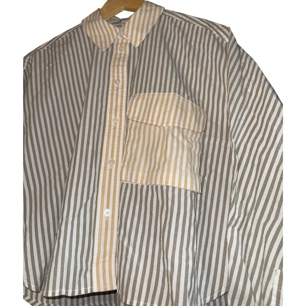 Madewell Flap Pocket Crop Button Up Shirt Poplin Lagoon Women's Small Striped - Picture 3 of 8